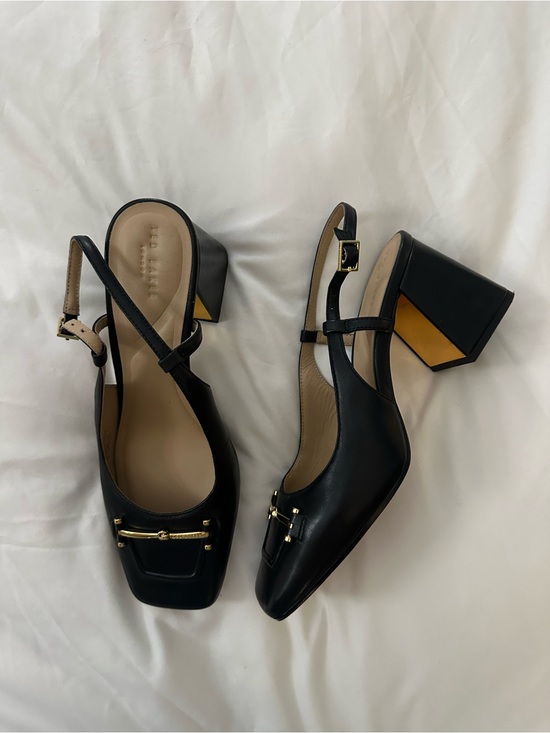 Ted Baker London Shoes - Ted Baker London Black Leather Slingback Block Heels with Gold Accent